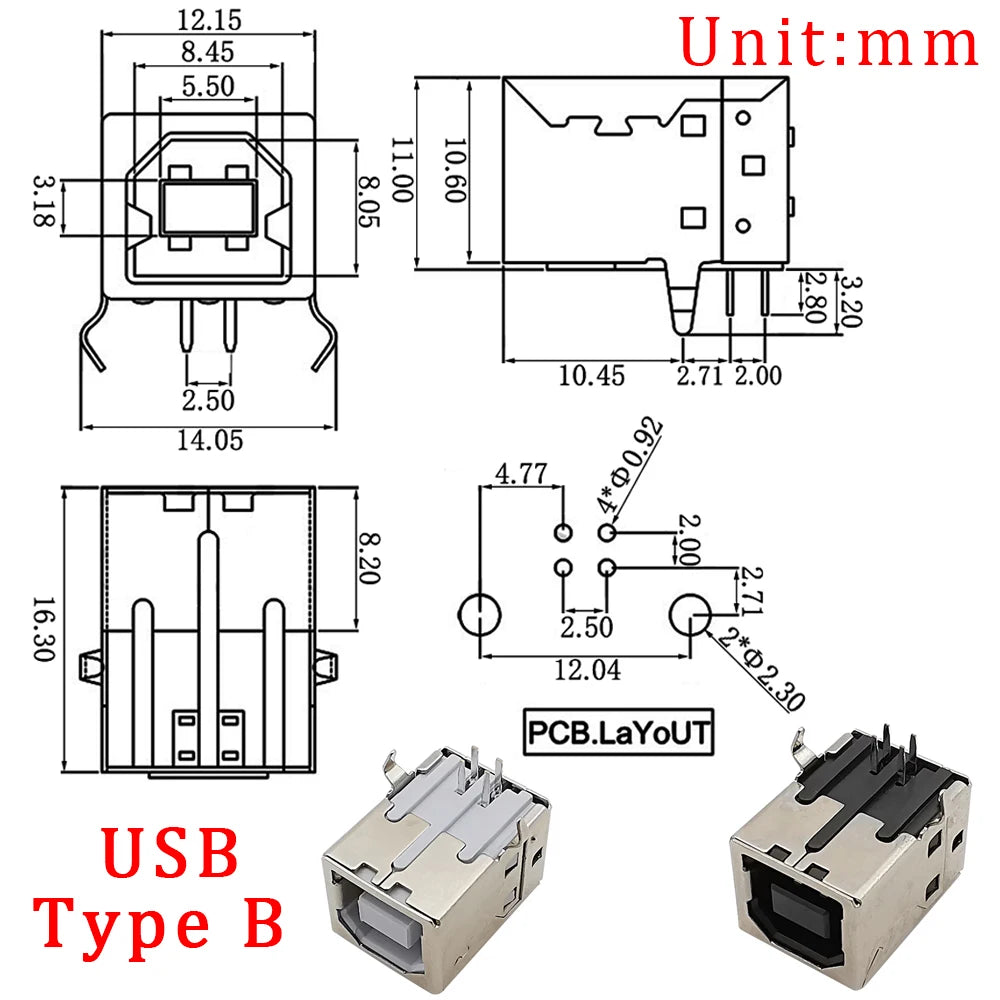5Pcs USB Type B Female Socket Printer Data Interface Connector Repair Jack Port Right Angle 4Pin PCB DIP USB B Soldering Adapter