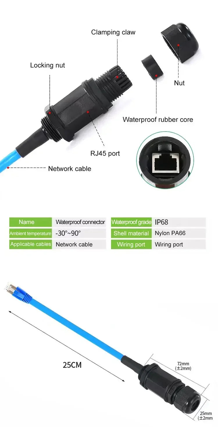 Waterproof RJ45 Network Connector M16/20/22 Cat5e Shield Gigabit Ethernet Line RJ45 DC Crystal Head Outdoor IP68 AP Junction Box