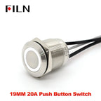 FILN 19MM 20A 12V 24V 110V 220V LATCHING MOMENTARY Flat Ring Round Push Button Switch IP66 Metal Stainless Steel  with 20cm Wire