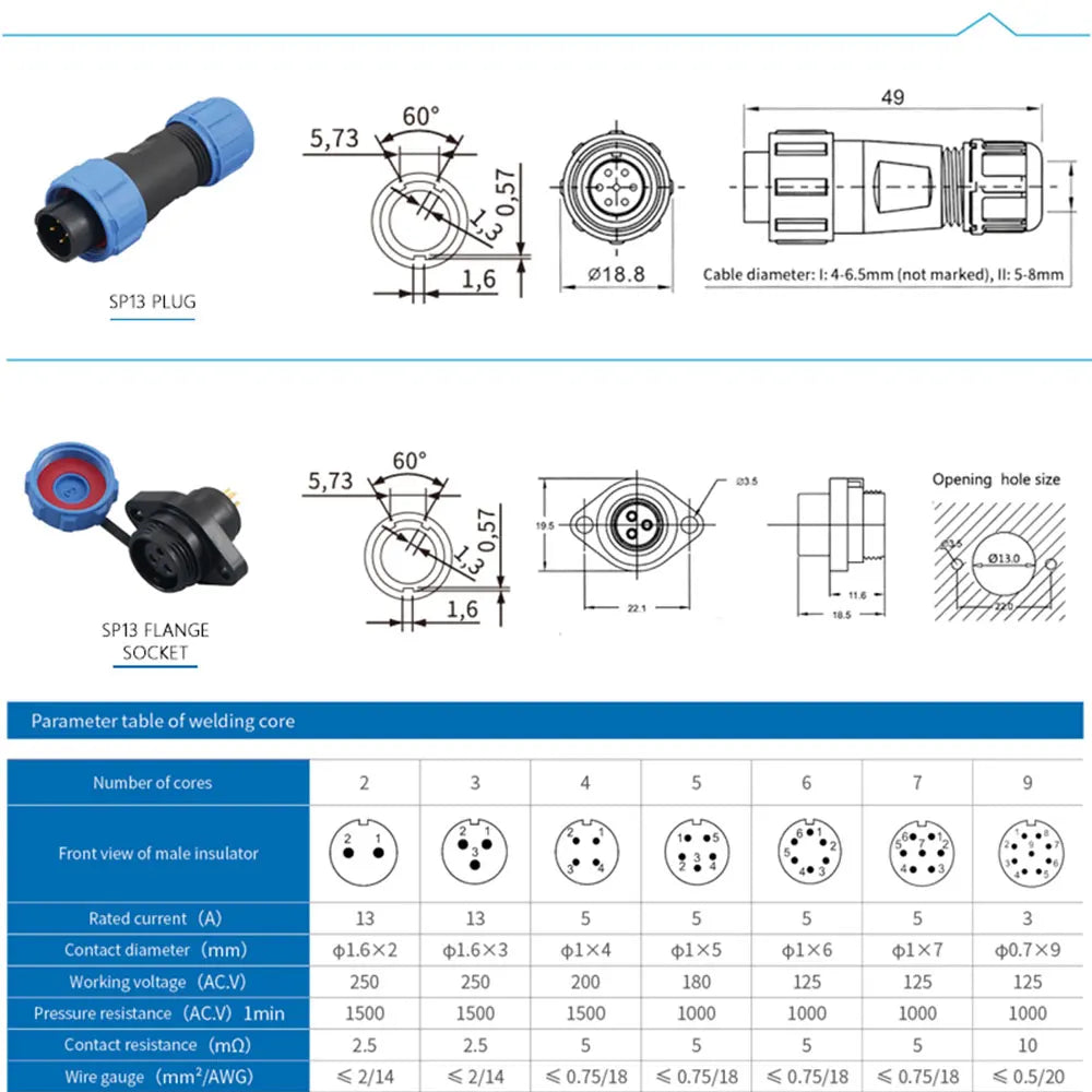 SP13 IP68 Flange Type Aviation Plug 2/3/4/5/6/7/9Pin Plug And Socket Male/Female Waterproof Electrical Cable Connector Welding
