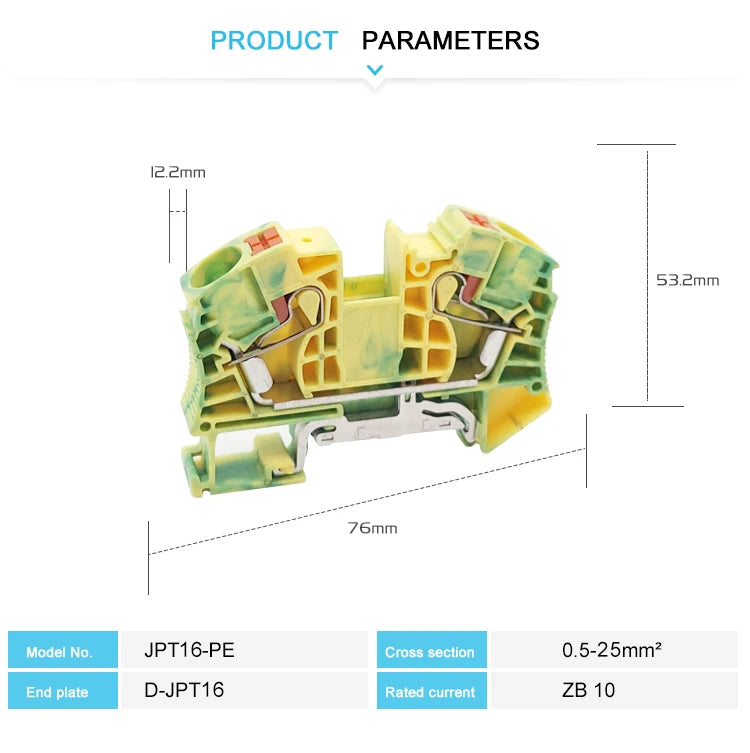 PT16-PE Ground Modular Din Rail Terminal Block, 16mm² Electric Cable Wire Connector, Earthing Push-in Terminals PT 16-PE