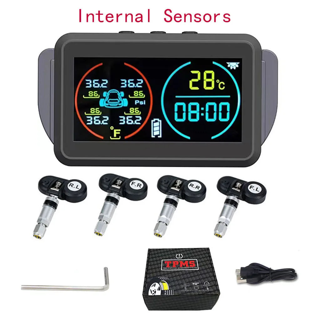 Smart Solar Power TPMS Car Tire Pressure Monitoring System Alarm Tyre Air Pressure Meter Gauge Temperature Warning 4 Sensors