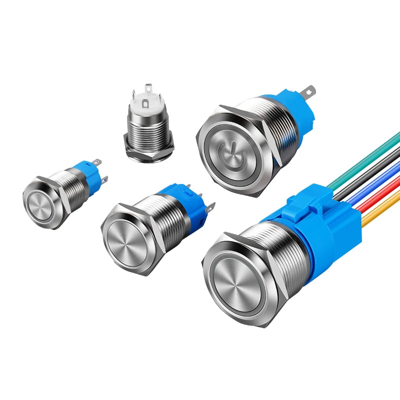 Metal Round Push Button Switch 12‑16‑19‑22mm, Momentary & Latching Power Control Button with LED Indicator for Electronic Projec