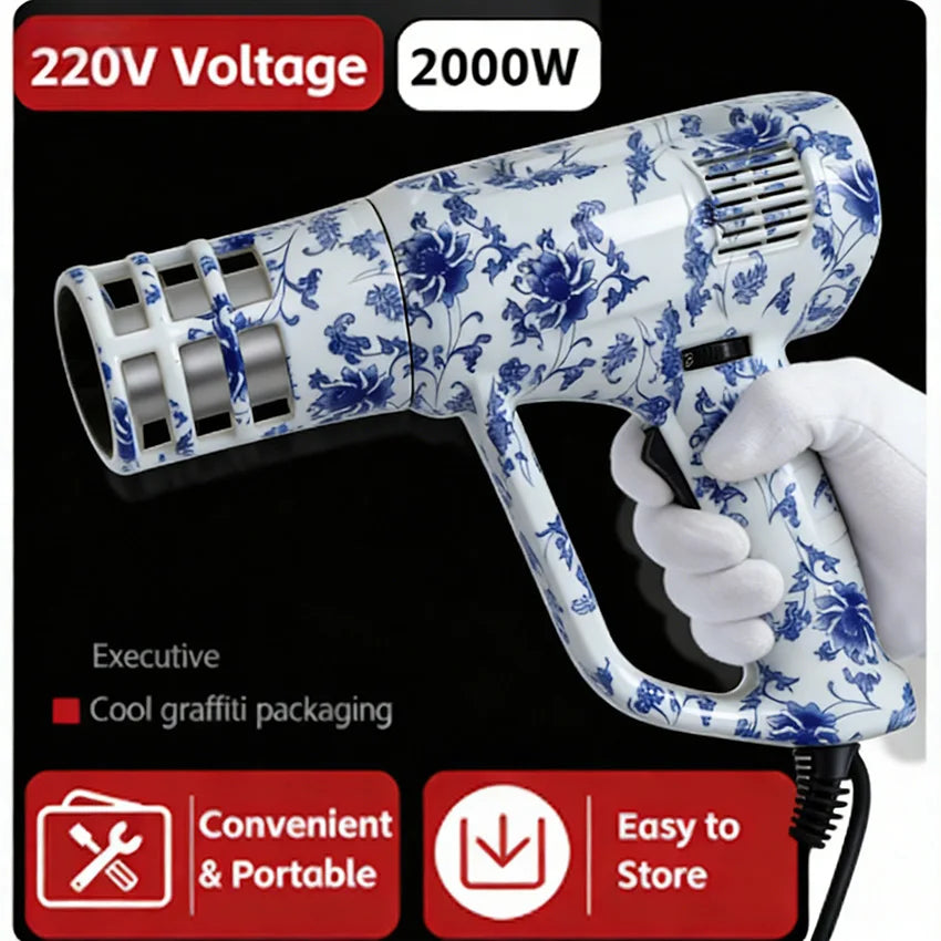 Blue and White Porcelain Graffiti Heat Gun Adjustable Temperature Hot Air Gun for Car Wrap Vinyl Film PPF Installation Auto Tint