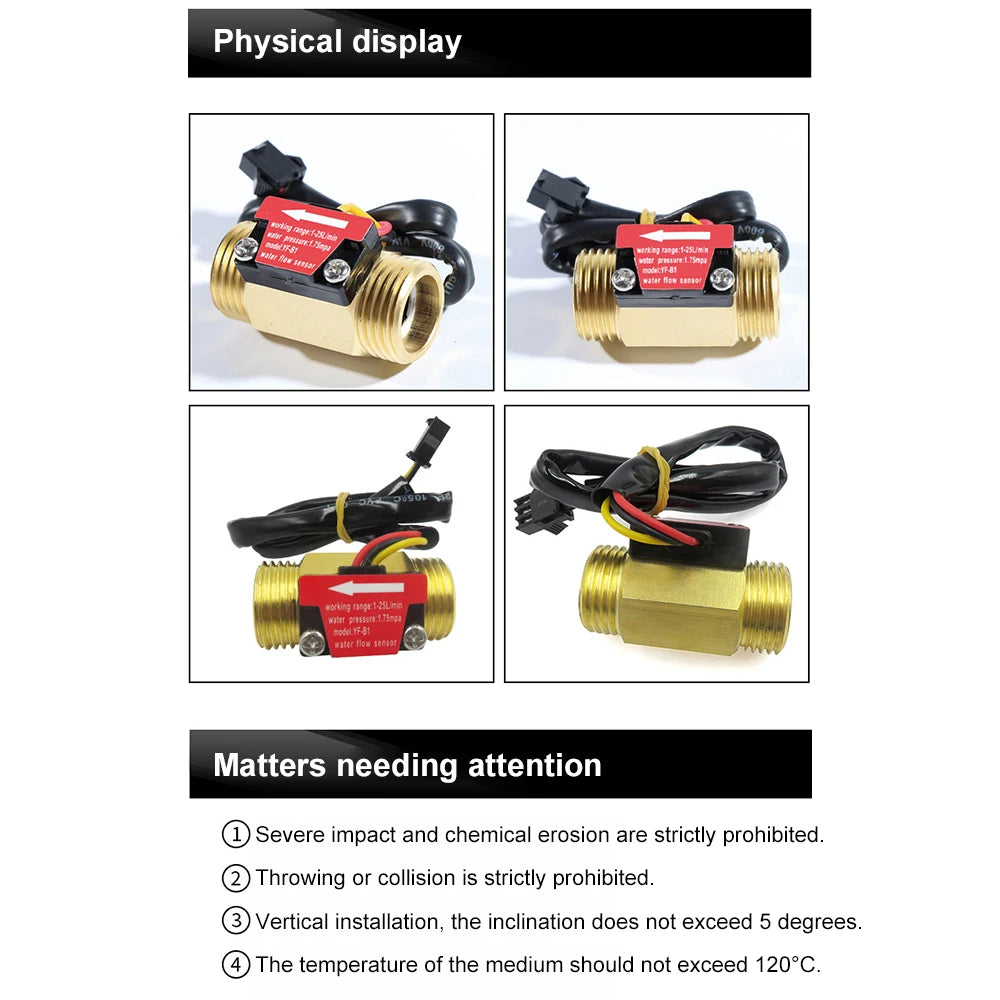 YF-B1 G1/2 Water Flow Sensor Hall Sensor Switch Industrial Flowmeter Water Flow Sensor DC5-18V 1-25L/min 1.75MPa Water Pressure