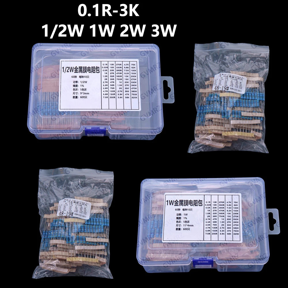 60Values 2W 3W 1/2W 1W 1% Metal film resistors kit dip 0.1R 100R 200R 300R 1K 2K 3K Resistor 0.1R-3K