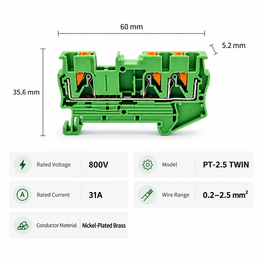 10PCS PT2.5-TW DIN Rail Terminal Block Twin 3-Conductor Feed Through Push In Spring Connector 2.5mm2 NS35 Electrical Wiring