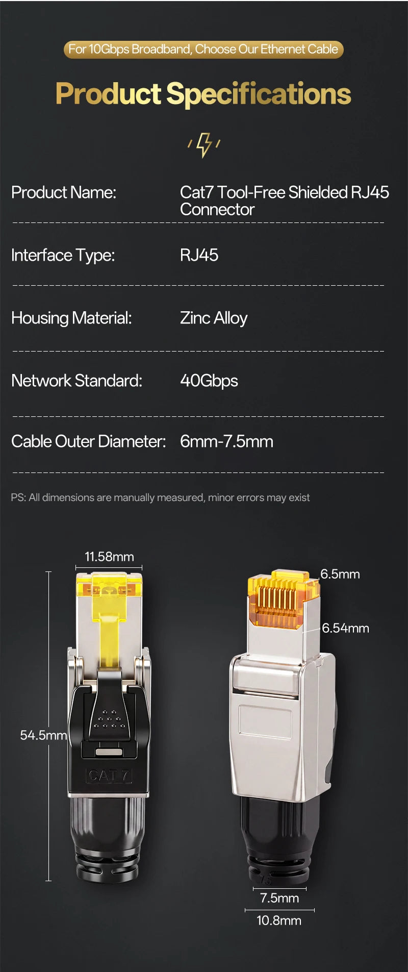Cat7 Tool‑Free RJ45 Connector Shielded Reusable Field Termination Zinc‑Alloy No Crimp for CAT7 CAT6A STP Network Cabling Project