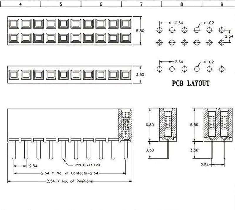 20pcs 2.54mm Pitch 2x4P 5P 8P 10P 20P 40Pin Straight Vertical PH6.8mm Double Row Square Female Pin Header Socket Connector