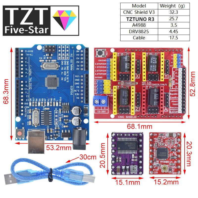 TZTUNO R3 Shield V3 Engraving Machine 3D Printe+ 4pcs DRV8825 Or A4988 Driver Expansion Board For Arduino With USB Cable