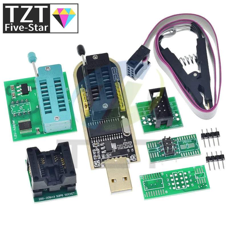CH341A CH341B 24 25 Series EEPROM Flash BIOS USB Programmer Module + SOIC8 SOP8 Test clip + 1.8V adapter + SOIC8 Adapter DIY KIT