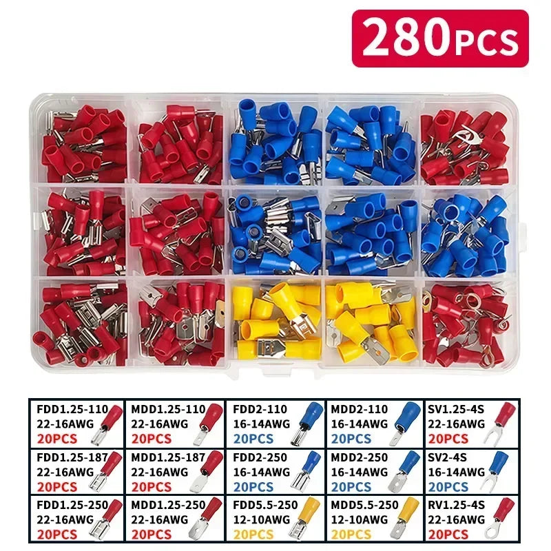 280/480/720/1200/1500pcs Quick Connect Terminal Kit - Cold Pressed Fork/Ring/Spade Lugs for Low Voltage DC Wiring Systems