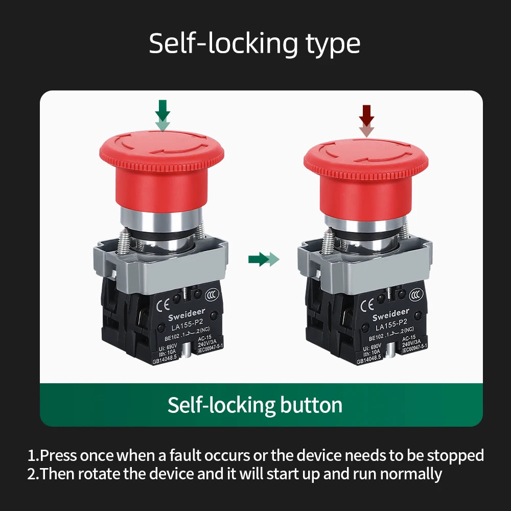 22mm Mushroom Emergency Stop Button Switch XB2-BS542 BS442 BS642 BS142 10A Key Emergency Stop Power Button Switch Starter Switch