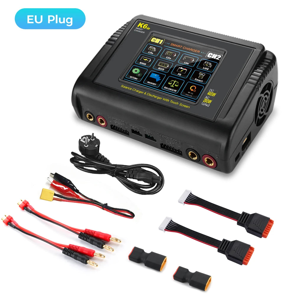 HTRC K6 Pro Lipo Charger Touch DC 400W AC 200W 12Ax2 RC Charger Discharger For LiPo LiHV LiFe Lilon NiCd NiMh Pb Battery Balance