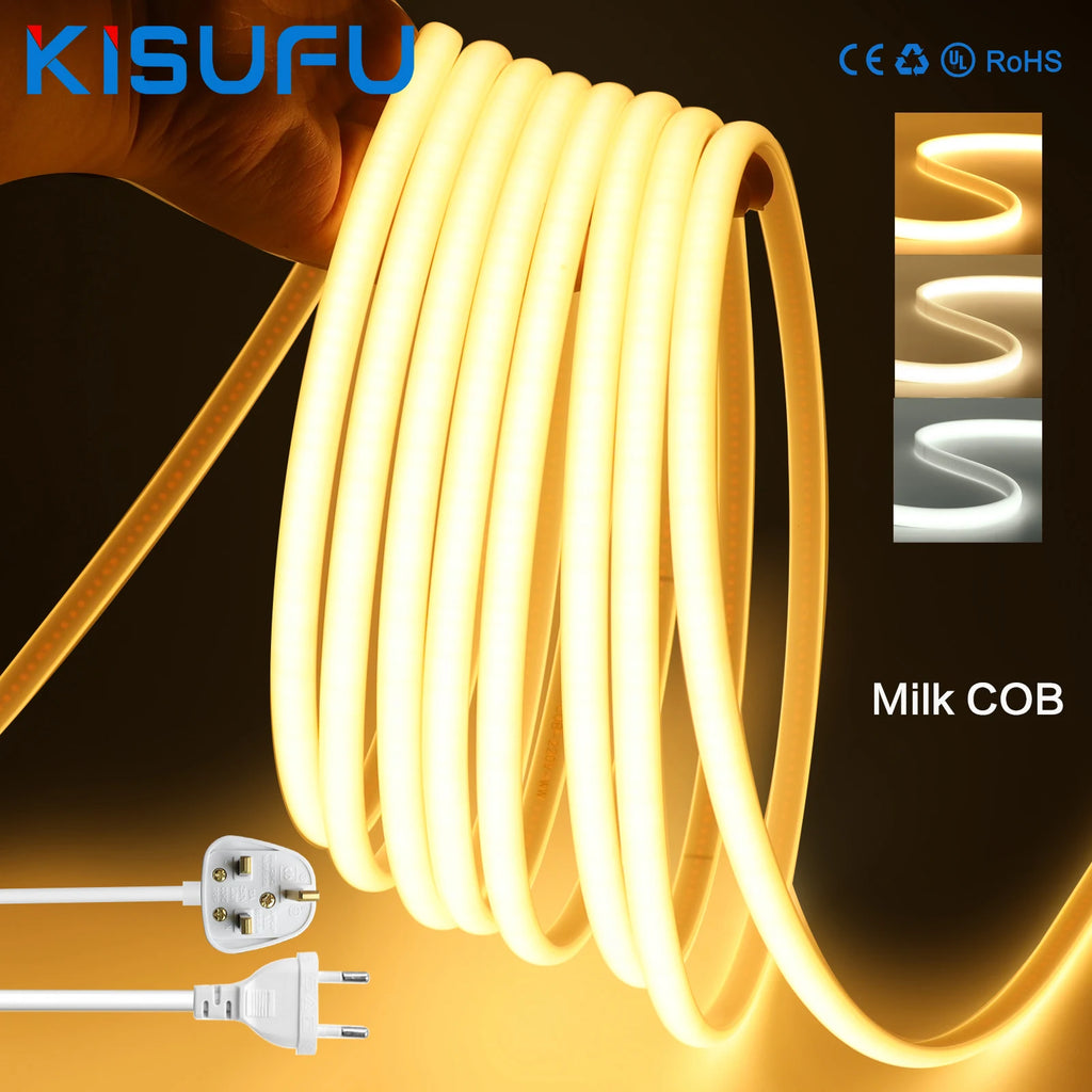 High Bright 220V 230V COB LED Milky Neon Strip Lights 288LEDs/M 3000K 4500K 6000K Waterproof Super Flexible Ribbon Tape 1-100M