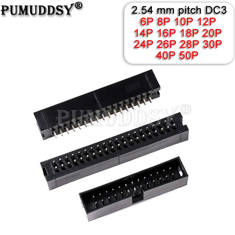 2.54 MM Pitch DC3 Through Hole 6 8 10 12 14 16 20 26 30 34 40 50 Pin Straight Male Shrouded PCB IDC Socket Box Header JTAG 10PCS