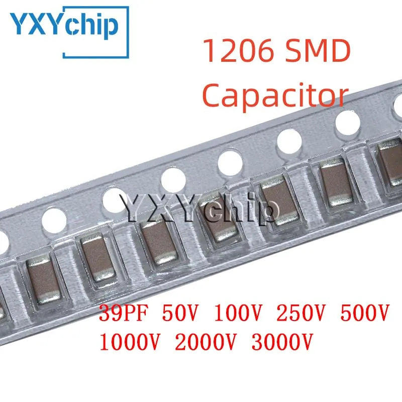 50PCS 1206 39PF 50V 100V 250V 500V 1000V 2000V 3000V ±5% 390J C0G NPO SMD Chip Multilayer Ceramic Capacitor