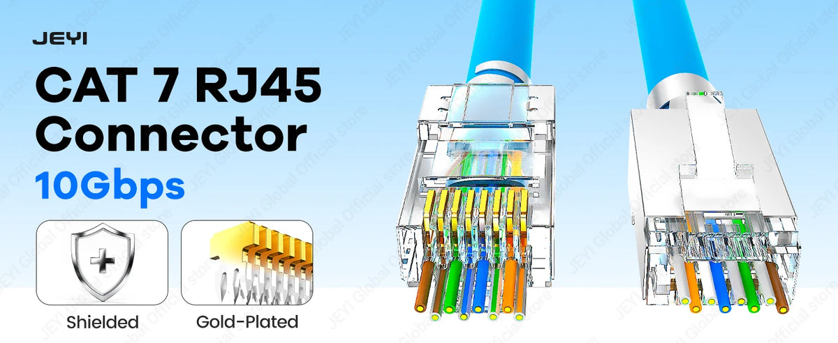 JEYI 100PCS Shielded RJ45 Cat7 Pass Through connectors 8P8C Gold Plated 2-Pc Pass Through Modular Data Plug Network Modular Plug