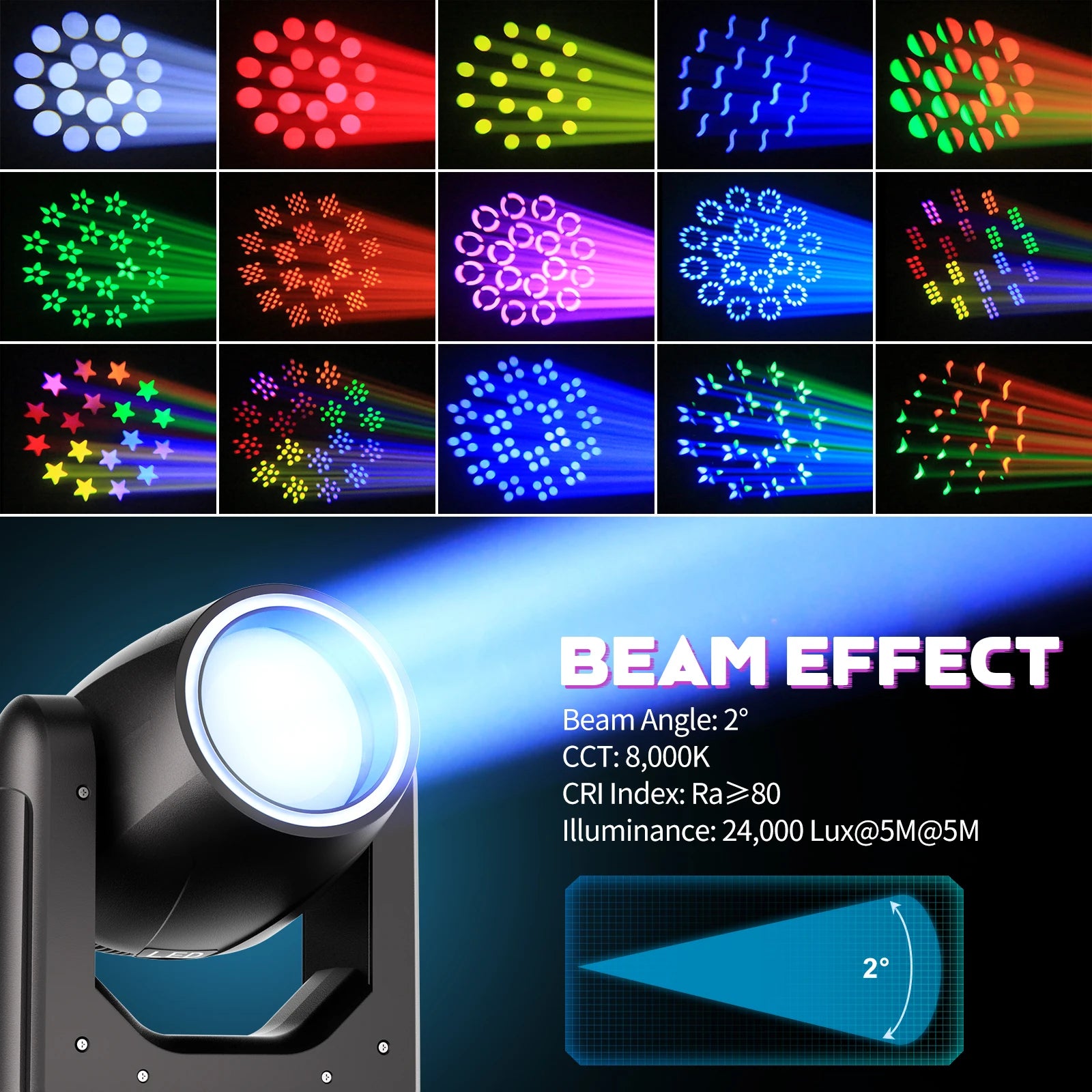 U'King 200W LED Beam Spot Moving Head Light With Ring 12Gobo 8Color 18Prism Rainbow Effect Dmx Stage Lights For Disco Party CLub
