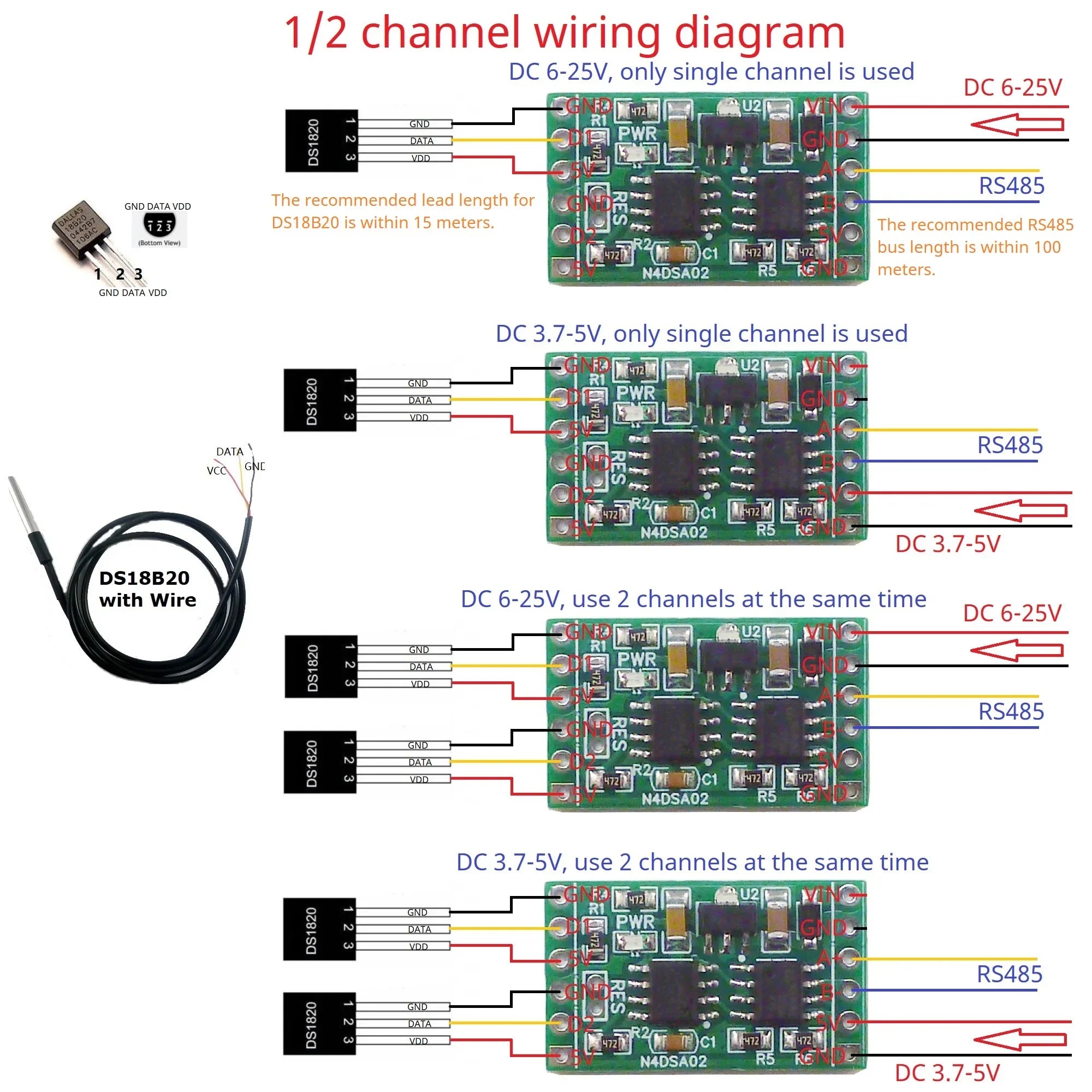 Industrial Dual DS18B20 RS485 Modbus RTU Temperature Module, 5-24V DC, for Smart Home Thermostat & IO