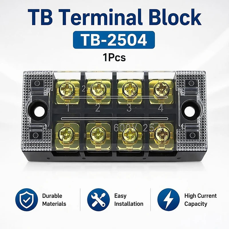 1PCS Flame Retardant TB2504 Terminal Block Strip 25A 600V - Durable Thick Copper Screw Wire Connector for Electrical Panel