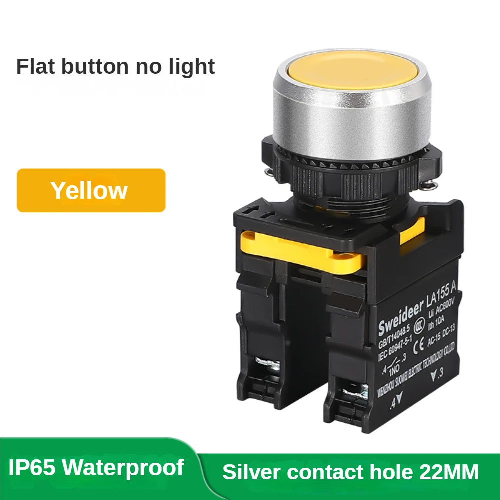 Waterproof Button Switch Momentary Self Reset Self Locking Flat Round Head 22mm Power Push Button Switch 10A 1NO 1NC Red Green