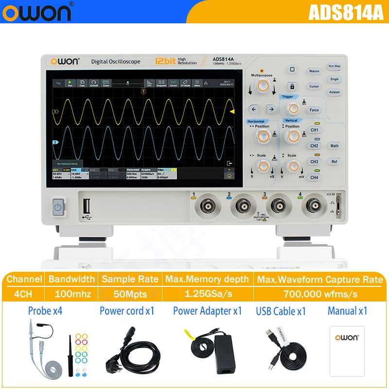 OWON ADS800A Portable Digital Oscilloscope 100MHz Bandwidth 1GSa/s 7" TFT-LCD Storage Multimeter Auto Measure USB/PC Connect