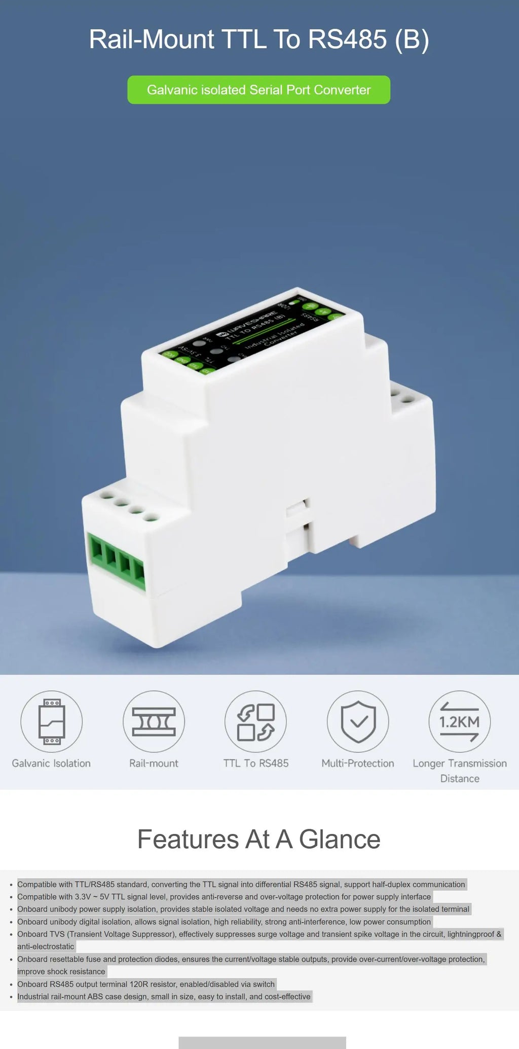 Rail-mount TTL To RS485 Galvanic isolated Converter module 600W Lightning proof & Anti-Surge Multi-Isolation Protection