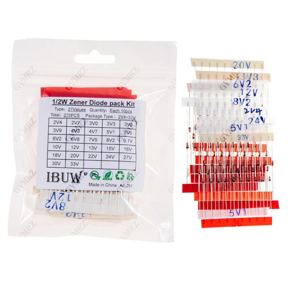 270PCS 27Values 1/2W Zener Diode Kit 2V4-33V for Voltage Regulation Electronic Projects 2V4 33V