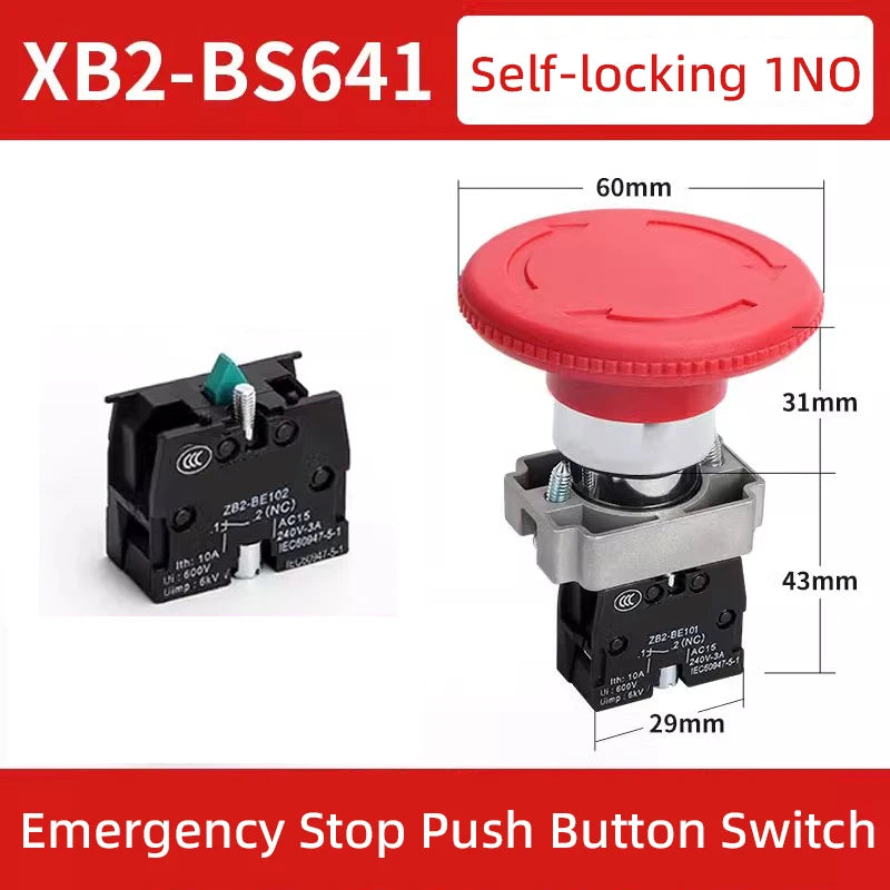 5pcs 22mm Mounting Emergency Stop Button Switch Self-locking XB2-BS545 Rotary Reset Mushroom Head NO NC Brass/Silver Contact