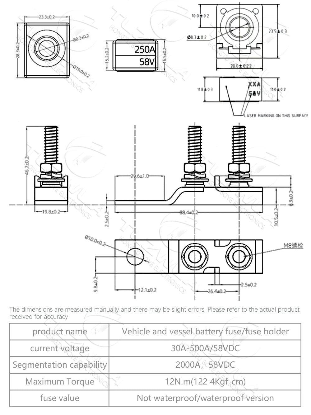 30A-300A Battery Terminal Mount MRBF Waterproof Fuse Block Kit 58V Stud 5/16" Marine Rated Battery Fuse for Boat Truck