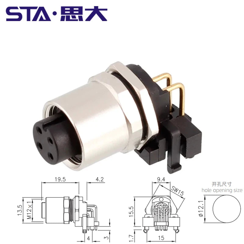 M12 Angled PCB Type 8 Pin A Code Curved Needle Panel Mount Socket Grounded Shield THR 2 3 4 5 6 12 Poles IP67 Connectors