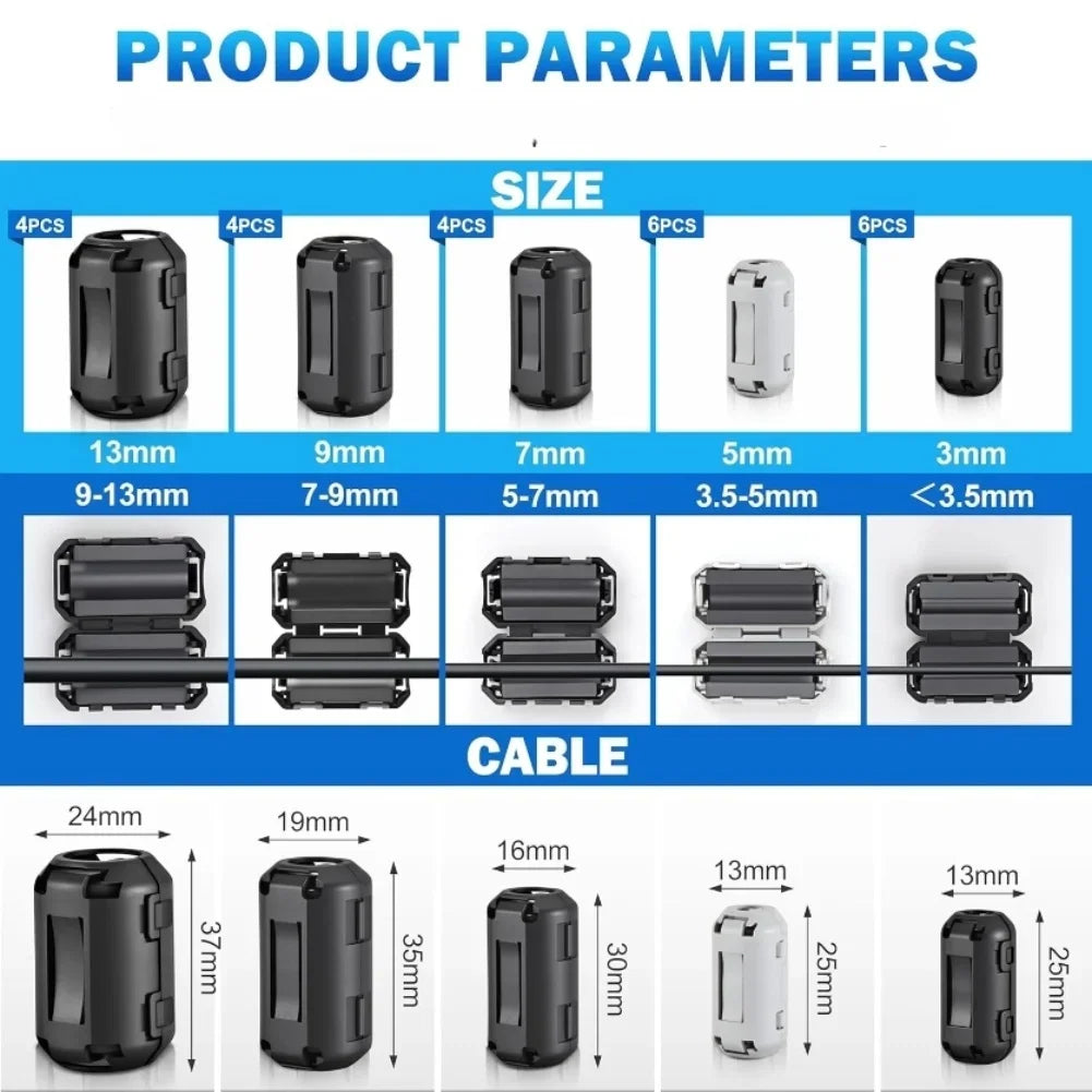 24PCS Ferrite Beads Snap-on Ferrite Choke Core Kit For RFI Filters USB/Audio/Power Cable Noise Reduction (3.5-13mm)