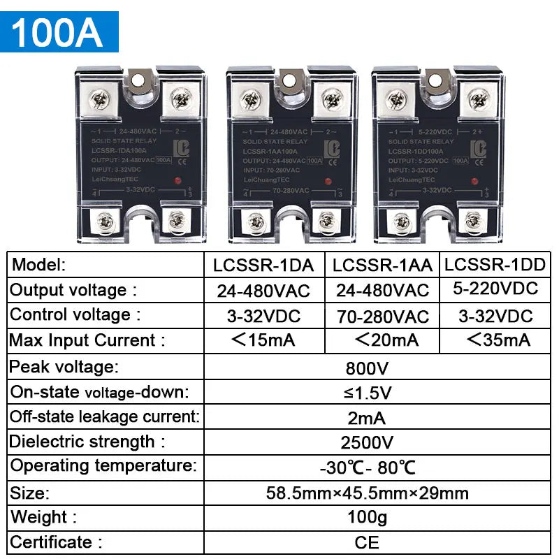 LCTC SSR Solid State Relay 10A 25A 40A 60A 80A 100A 120A 200A 240A Single Phase Control Relay DC TO AC DC TO DC AC TO AC 3-32VDC
