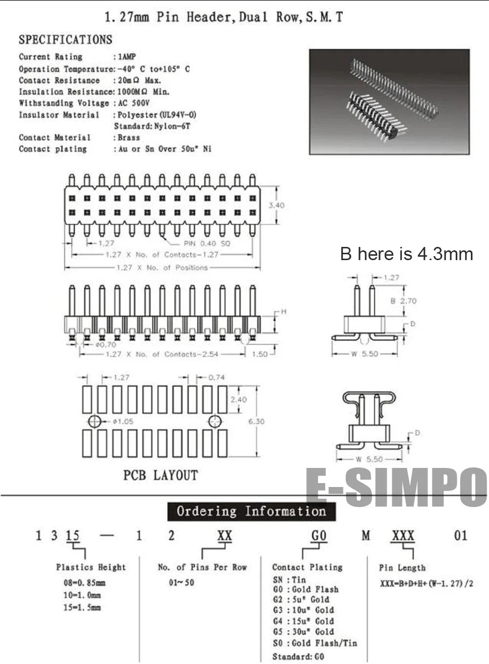 100pcs 1.27mm SMT wt Guide Post Dual SMD Pin Header Gold-plated 2*4/5/6/7/8/9/10/20/25Pin PH4.3 PCB Male Female Socket