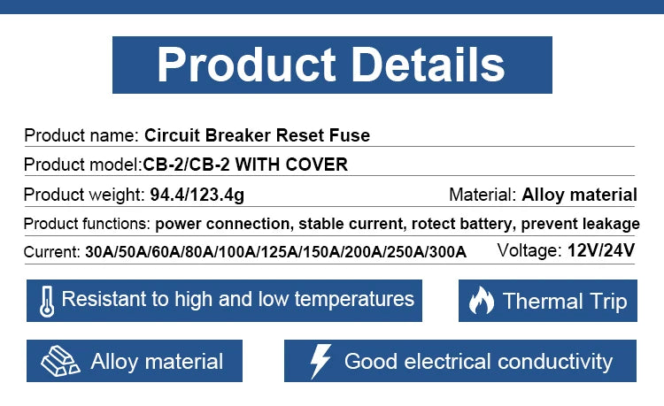 Circuit Breaker Reset Fuse 12v 24v 48v DC 20A-300A 250A Solar Fuse Car Boat Audio Manual Power Protect Fuse Resettable Insurance
