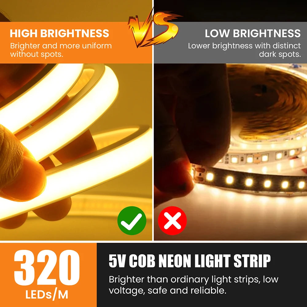 IP68 Waterproof Flexible Neon Rope Light USB COB LED Strip 5V ON OFF Switch 320 LEDs/m Natural Warm White 0.5m 1m 2m 3m 4mm 5m