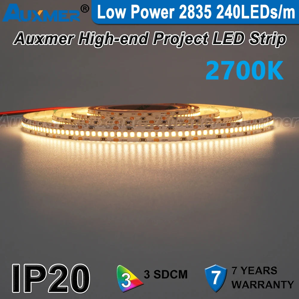 Auxmer Low Power 2835 LED Strip,Mono Color,120LEDs/m 240LEDs/m,CRI＞95/90,3SDCM,Super Bright Flex LED DC12/24V,5m/reel,IP20