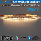 Auxmer Low Power 2835 LED Strip,Mono Color,120LEDs/m 240LEDs/m,CRI＞95/90,3SDCM,Super Bright Flex LED DC12/24V,5m/reel,IP20