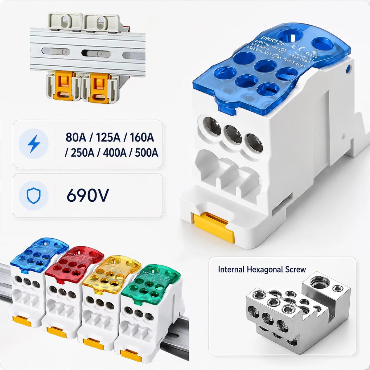 Power Distribution Block UKK250A UKK400A UKK500A 1 In 11 Out Single Pole DIN Rail Electrical Cable Connector Wire Terminal