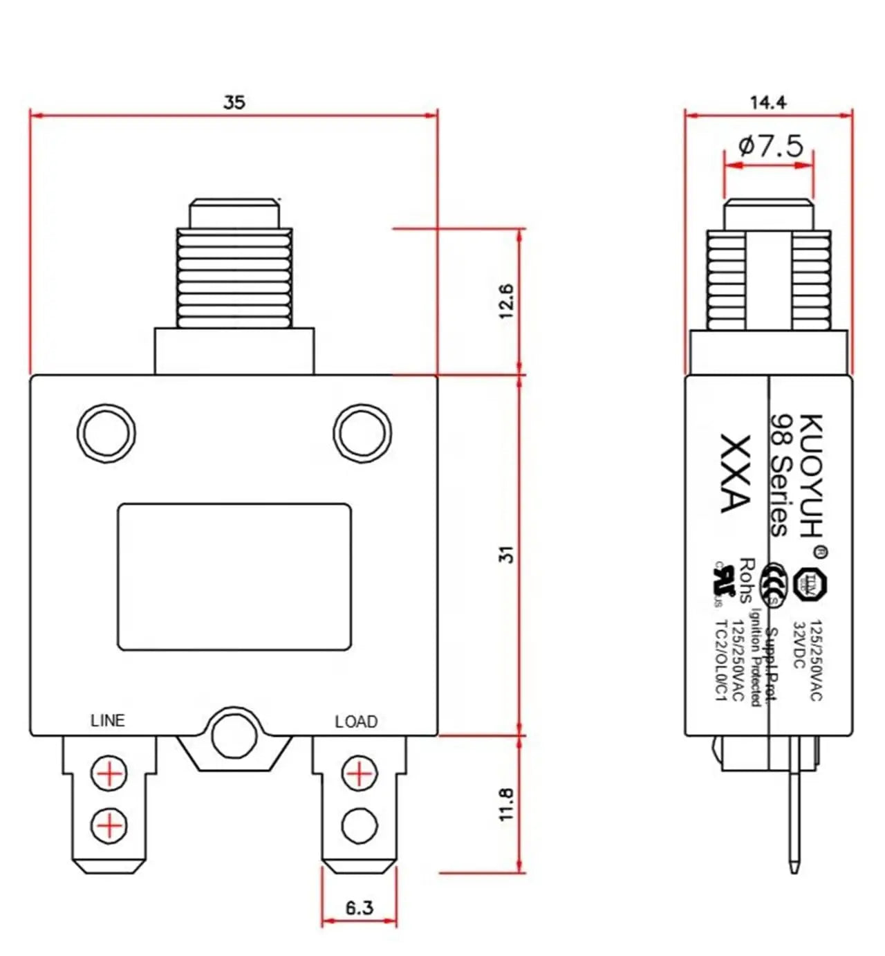 5PCS KUOYUH 98 Series Mini Circuit Breaker Overload Protector Switch 3A 4A 5A 6A 7A 10A 15A 20A 25A 30A 32A 35A 40A 50A