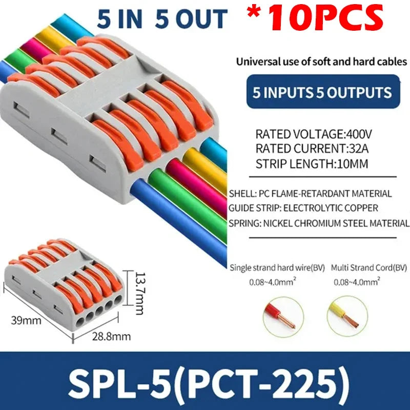 10pcs Compact 1/2/3/4/5 in Multiple Out Wire Connector - Speedy Splicing, 0.08-4.0mm  for Home Wiring Conductor Terminal