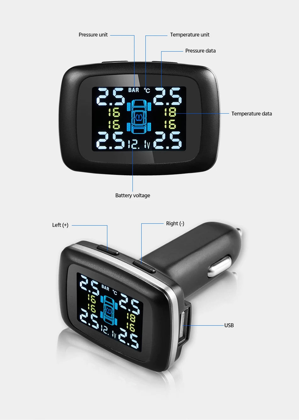 Smart Cigarette Lighter USB TPMS Car Tire Pressure Alarm Monitor System 4 Sensors Display Tyre Pressure Temperature Alarm