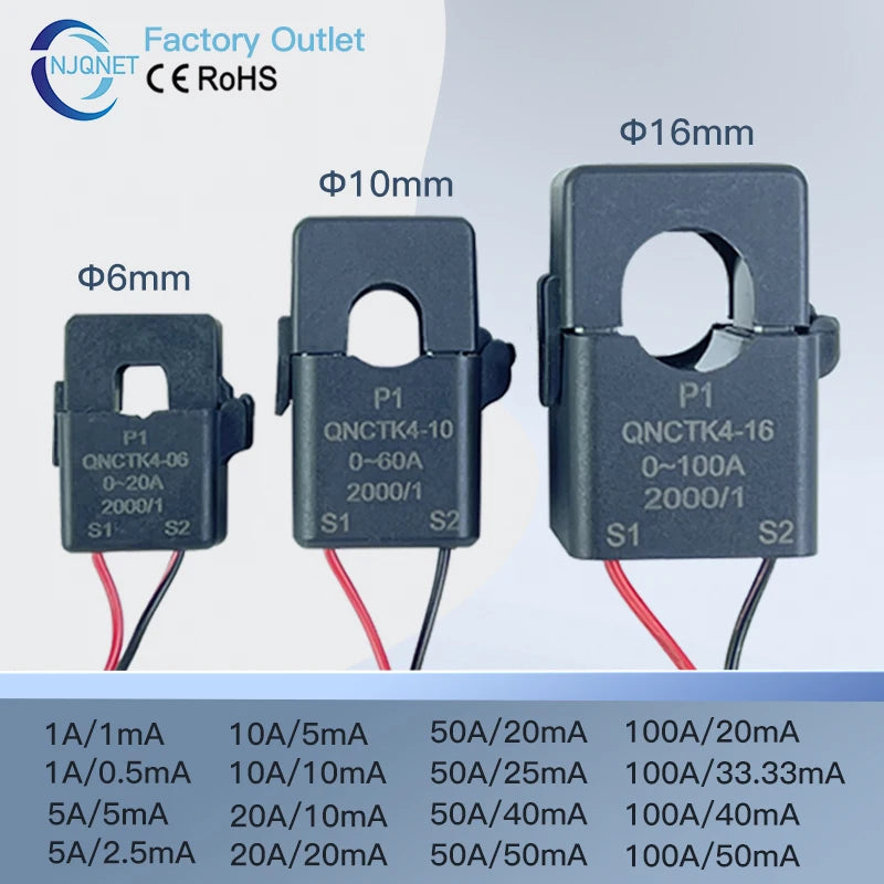 Split Core Current Transformer 1A 0.5mA 2000:1 100A 50mA 5A 5mA 1:1000 QNCTK4-06 Open Type CT Clamp Current Sensor