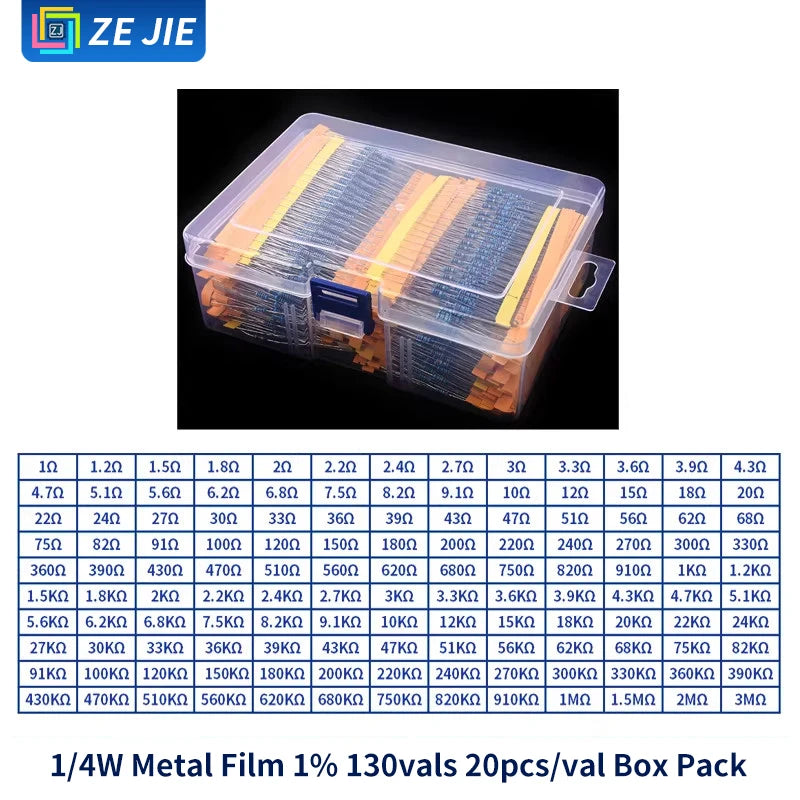 1/4W Metal Film Resistor Assortment Kit, 1/2W 1W 2W 3W 5W Through Hole Electronic Components Pack, 30/41/130 Kinds 1% Tolerance