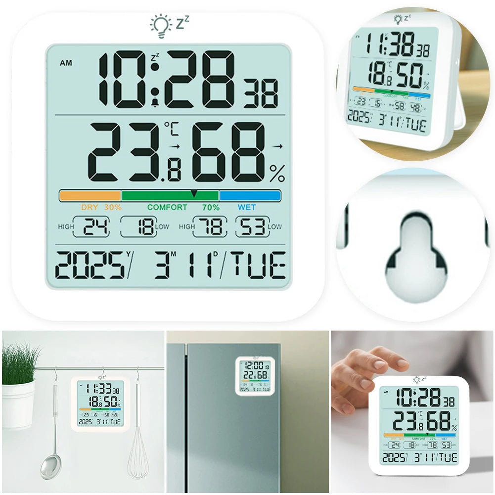 Thermometer Sensor with Backlit LCD Digital Magnetic Clock Easy To Read Home Weather Station for Humidity Gauge Meter Sensor