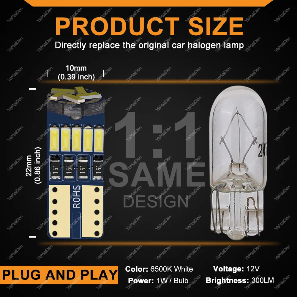 2/4/10/50 PCS T10 W5W LED Bulb CANBUS 12V 4014-15SMD 6500K White Car Interior Dome Door Courtesy  Glove Box License Plate Lights