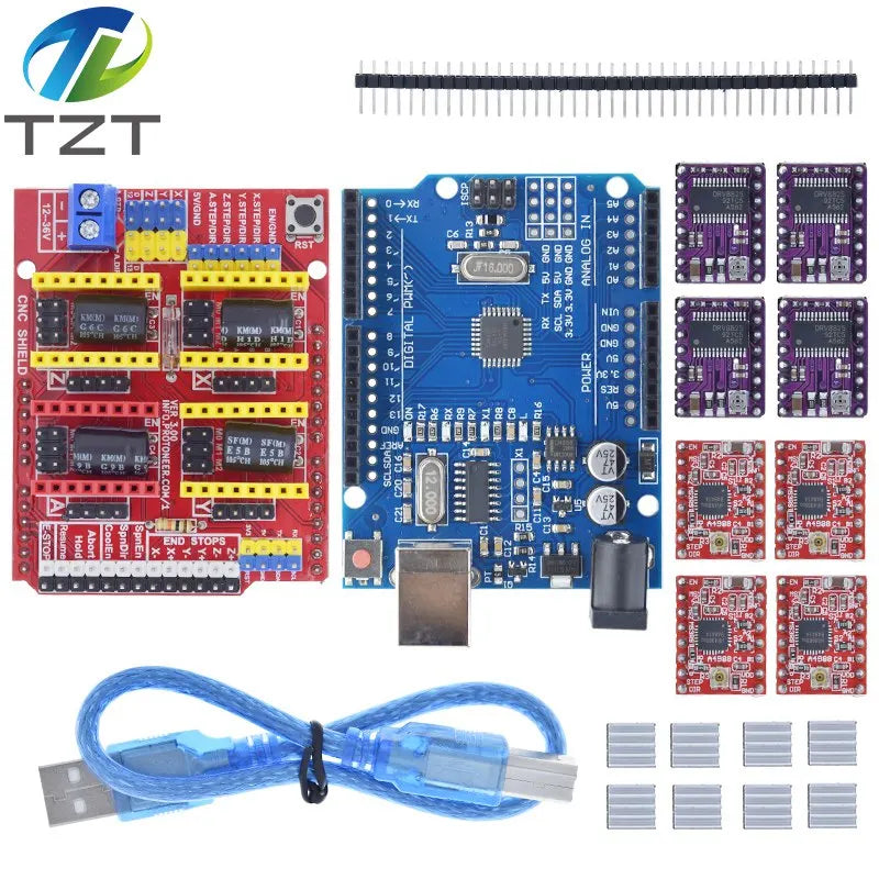 TZTUNO R3 With USB Cable + CNC Shield V3 Engraving Machine 3D Printe+ 4pcs DRV8825 Or A4988 Driver Expansion Board For Arduino