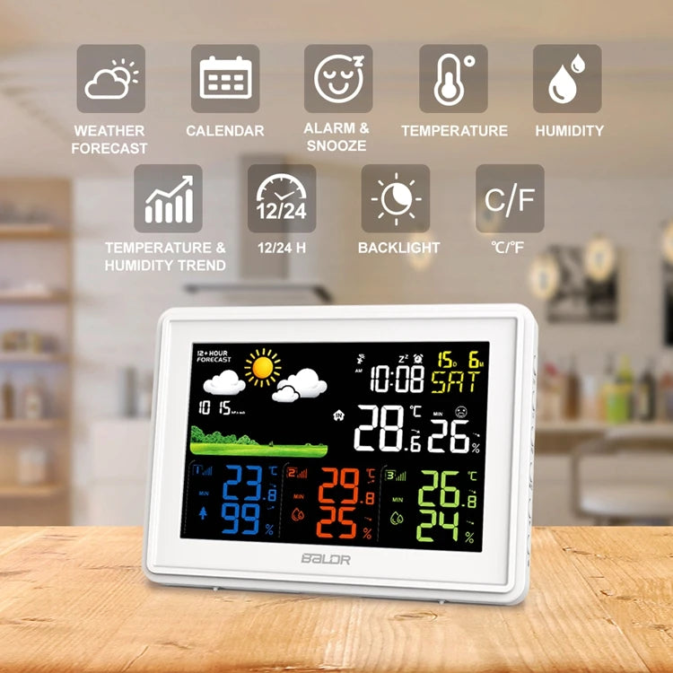 BALDR Wireless Color Weather Station Digital LCD Hygrometer Thermometer Barometer DCF Alarm Clock Calendar 3 Forecast Sensor