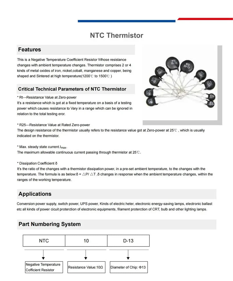 10PCS NTC Thermistor Resistor Negative Temperature Coefficient 3D 5D 8D 10D 16D 20D 22D 33D 47D 10 16 20 22 Ohm 5 7 9 11 13 15